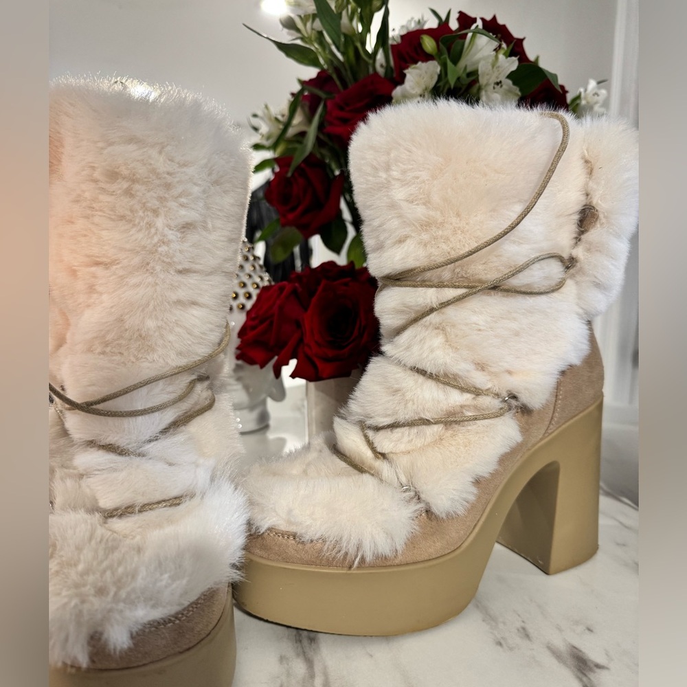 Women's Cream Faux Fur Platform Booties